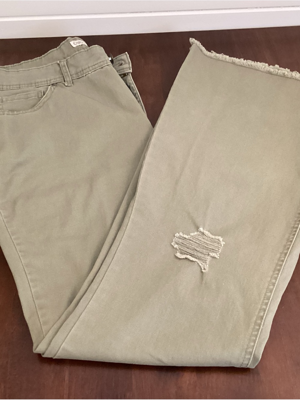 Flare Leg Olive Jeans with Distressed Knee